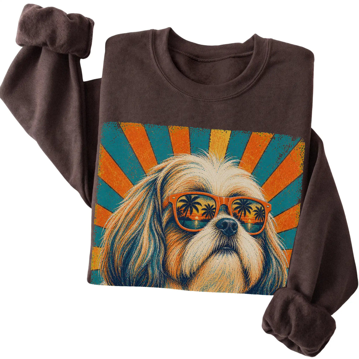 Folded Dark Chocolate crewneck sweatshirt with a Retro Shih Tzu Dad design