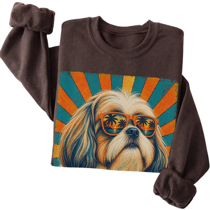 Folded Dark Chocolate crewneck sweatshirt with a Retro Shih Tzu Dad design