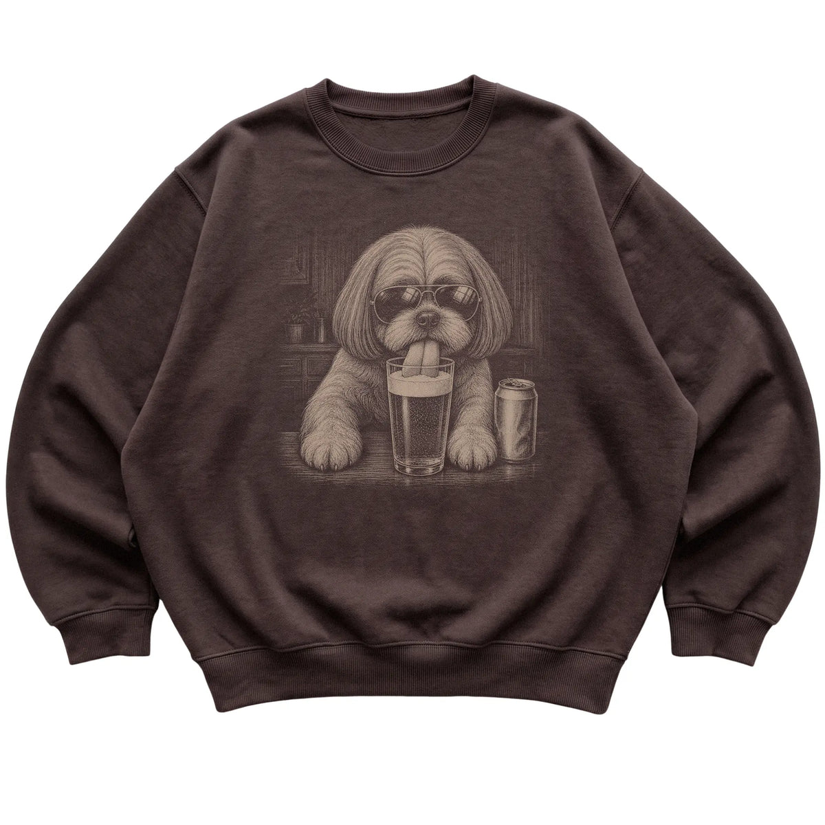 Dark Chocolate Shih Tzu drinking from a pint at a bar, laid flat
