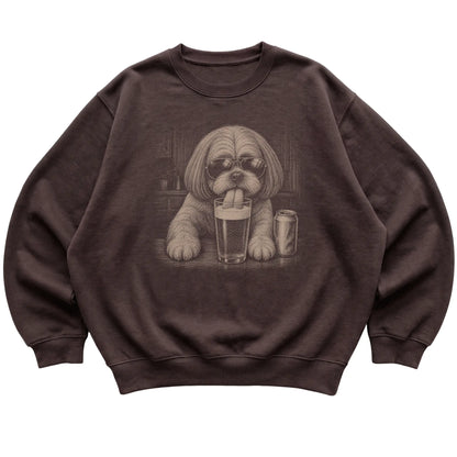 Dark Chocolate Shih Tzu drinking from a pint at a bar, laid flat