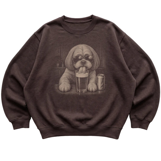 Dark Chocolate Shih Tzu drinking from a pint at a bar, laid flat
