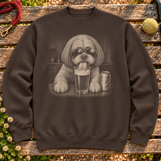 Shih Tzu Drinking Beer on a Dark Chocolate crewneck sweatshirt, shown flat