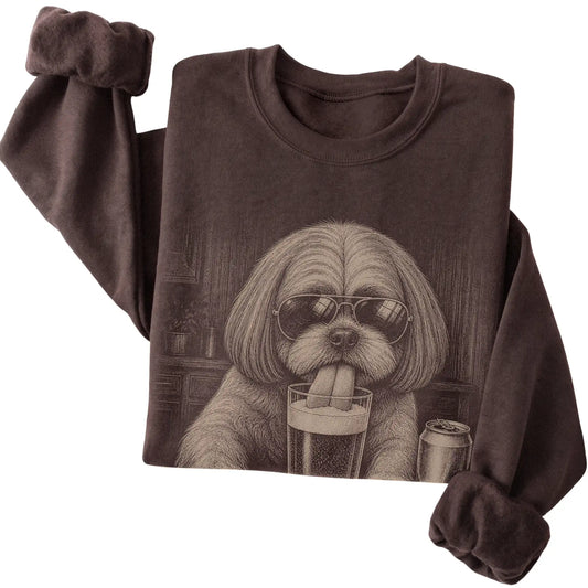 Dark Chocolate Shih Tzu drinking from a pint at a bar, folded detail view