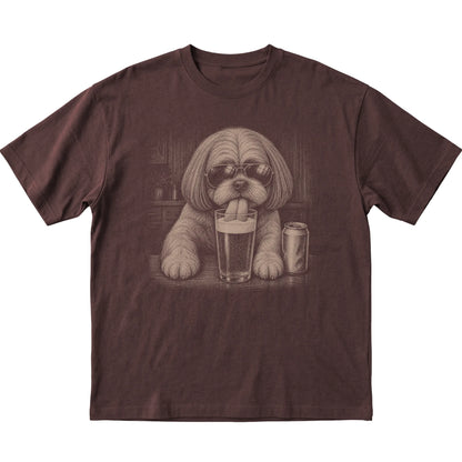 Dark Chocolate Shih Tzu drinking from a pint at a bar, laid flat