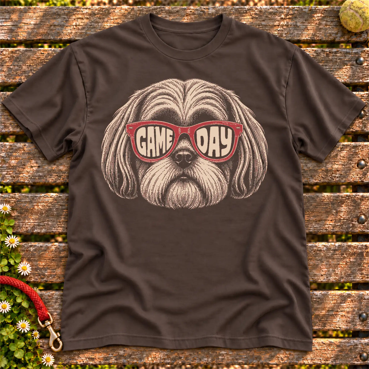 Shih Tzu Game Day Sunglasses on a Dark Chocolate T-shirt, shown flat