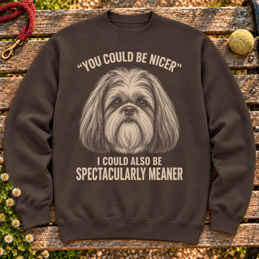 Shih Tzu Guard Dog on a Dark Chocolate crewneck sweatshirt, shown flat