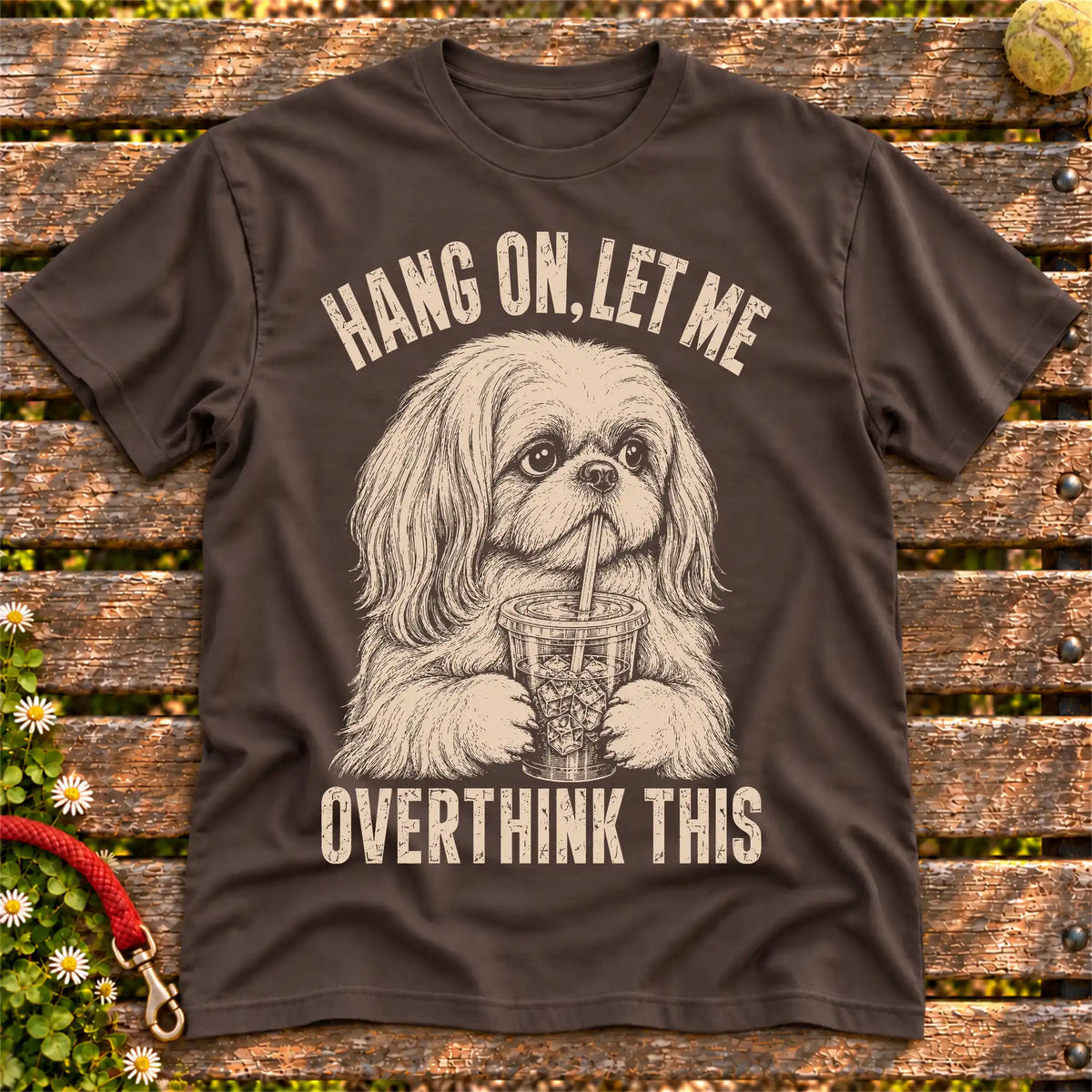 Shih Tzu Iced Coffee Overthink on a Dark Chocolate T-shirt, shown flat