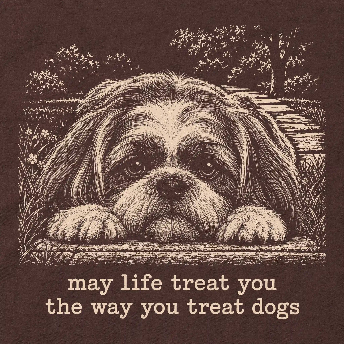 Shih Tzu Karma Softstyle T-shirt in Dark Chocolate — Design Detail