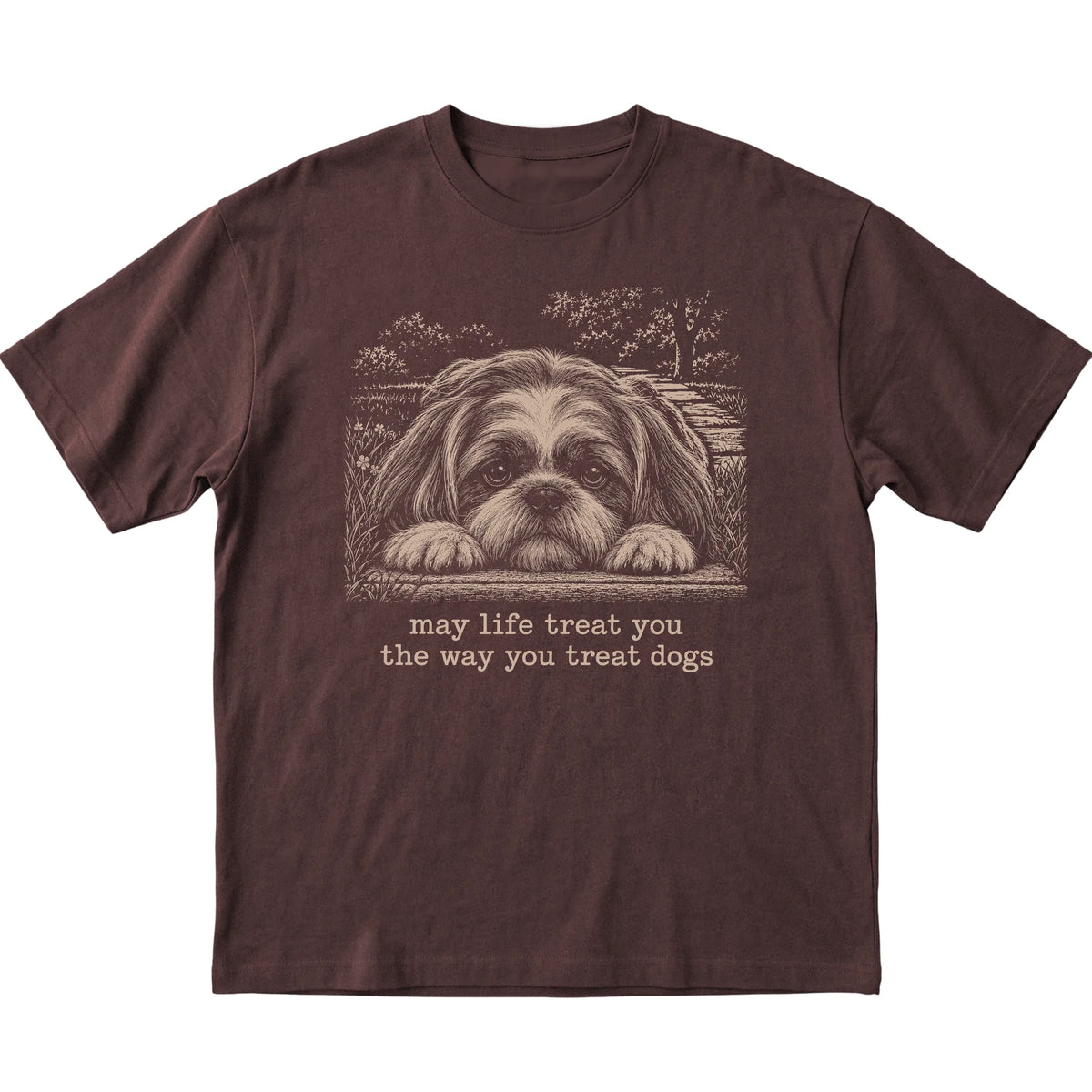 Shih Tzu Karma Softstyle T-shirt in Dark Chocolate — Flat Lay