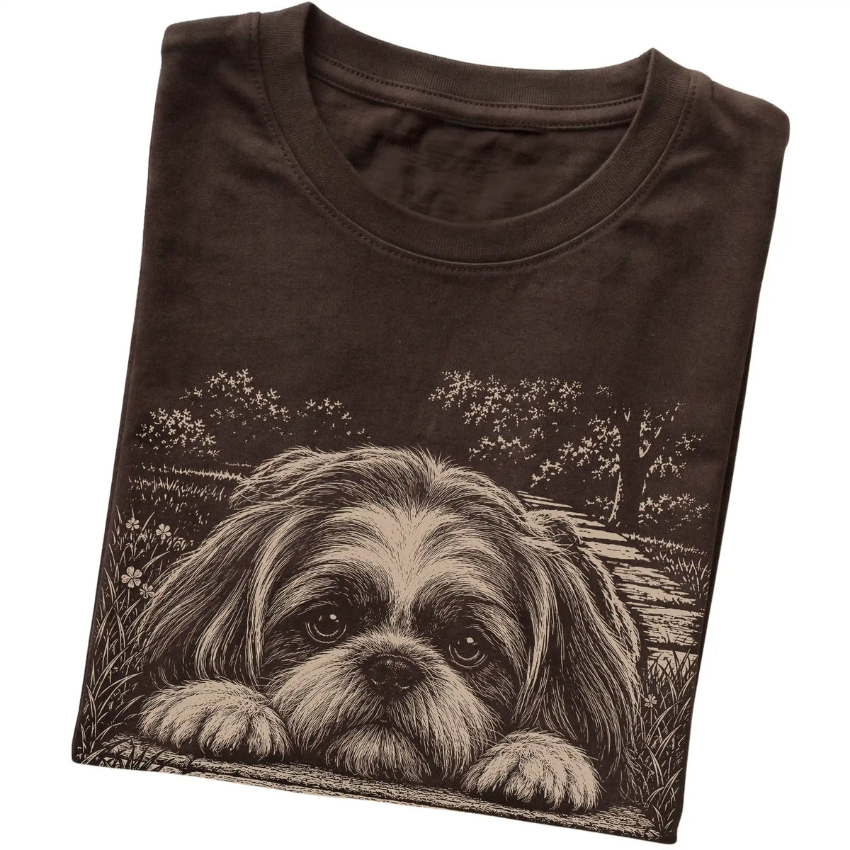 Shih Tzu Karma Softstyle T-shirt in Dark Chocolate — Folded Detail
