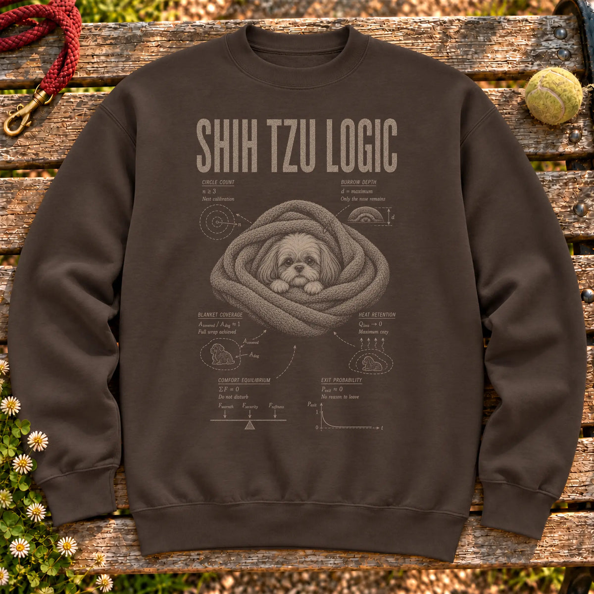 Shih Tzu Logic on a Dark Chocolate crewneck sweatshirt, shown flat