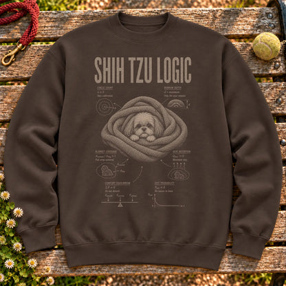 Shih Tzu Logic on a Dark Chocolate crewneck sweatshirt, shown flat