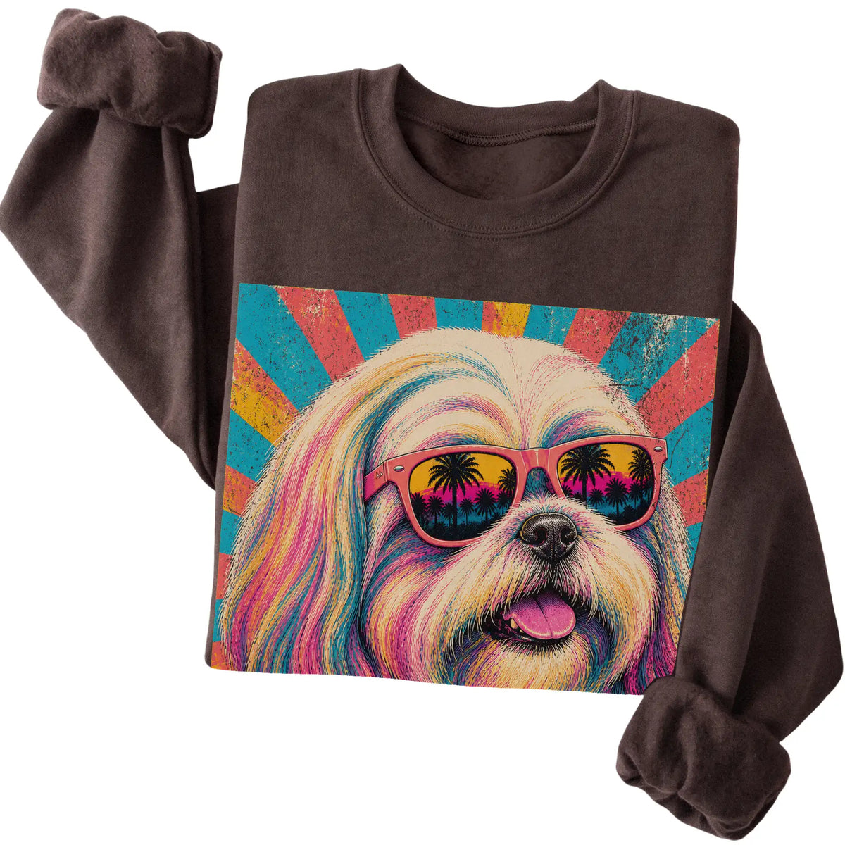Folded Dark Chocolate crewneck sweatshirt with a Retro Shih Tzu Mama design