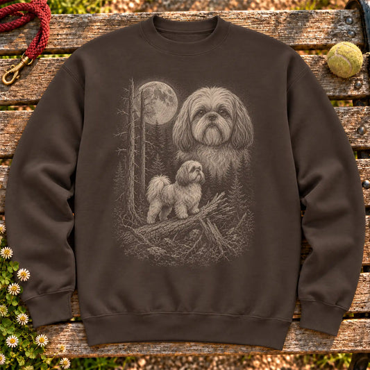 Shih Tzu Moonlit Forest design on a Dark Chocolate crewneck sweatshirt shown flat