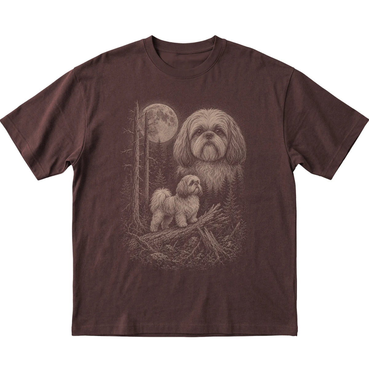 Shih Tzu Moonlit Forest graphic on a dark chocolate Softstyle T-shirt laid flat