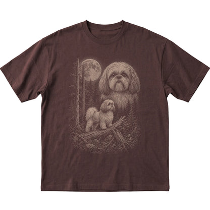 Shih Tzu Moonlit Forest graphic on a dark chocolate Softstyle T-shirt laid flat