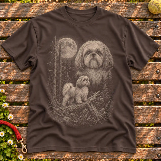 Shih Tzu Moonlit Forest design on a Dark Chocolate T-shirt shown flat