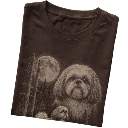 Folded dark chocolate Softstyle T-shirt showing the Shih Tzu Moonlit Forest graphic