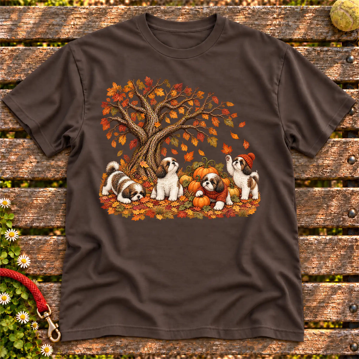 Four Shih Tzu puppies with pumpkins beneath an autumn tree on a Dark Chocolate softstyle T-shirt