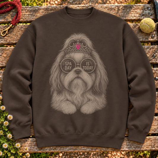 Shih Tzu Spa Day Is Today on a Dark Chocolate crewneck sweatshirt, shown flat