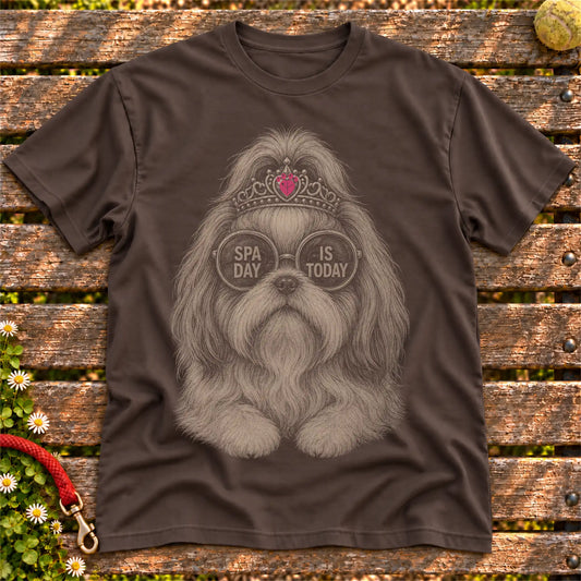 Shih Tzu Spa Day Is Today on a Dark Chocolate T-shirt, shown flat