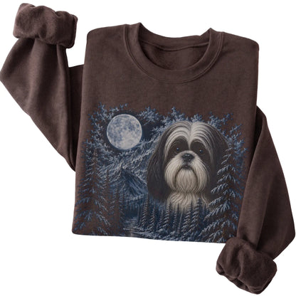Folded dark chocolate sweatshirt with Shih Tzu Winter Moon artwork.
