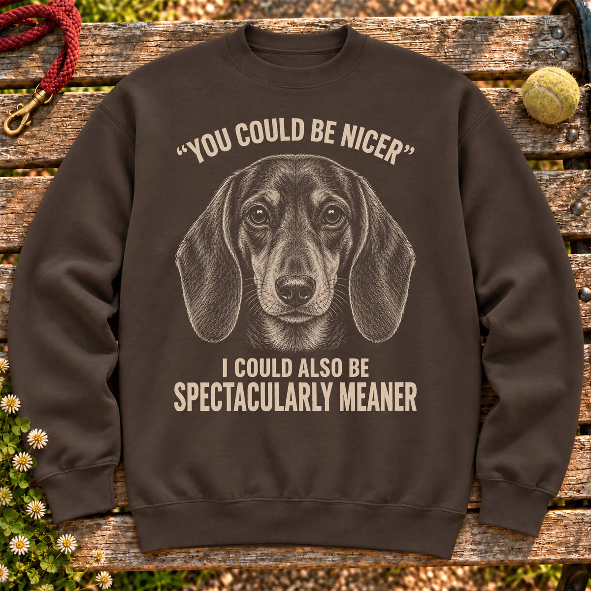 Dachshund Short-Haired Guard Dog on a Dark Chocolate crewneck sweatshirt, shown flat
