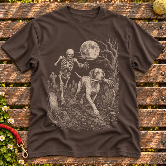 Pointer Skeleton Chase on a Dark Chocolate T-shirt, shown flat