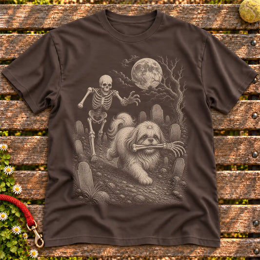 Shih Tzu Skeleton Chase on a Dark Chocolate T-shirt, shown flat