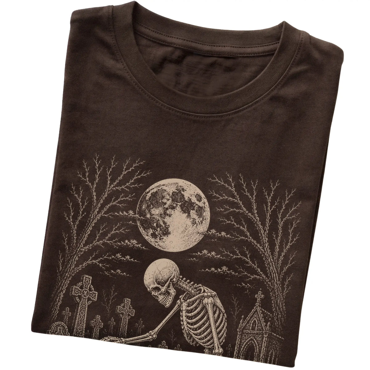 Folded Dark Chocolate T-shirt with a skeleton petting a Beagle in a graveyard