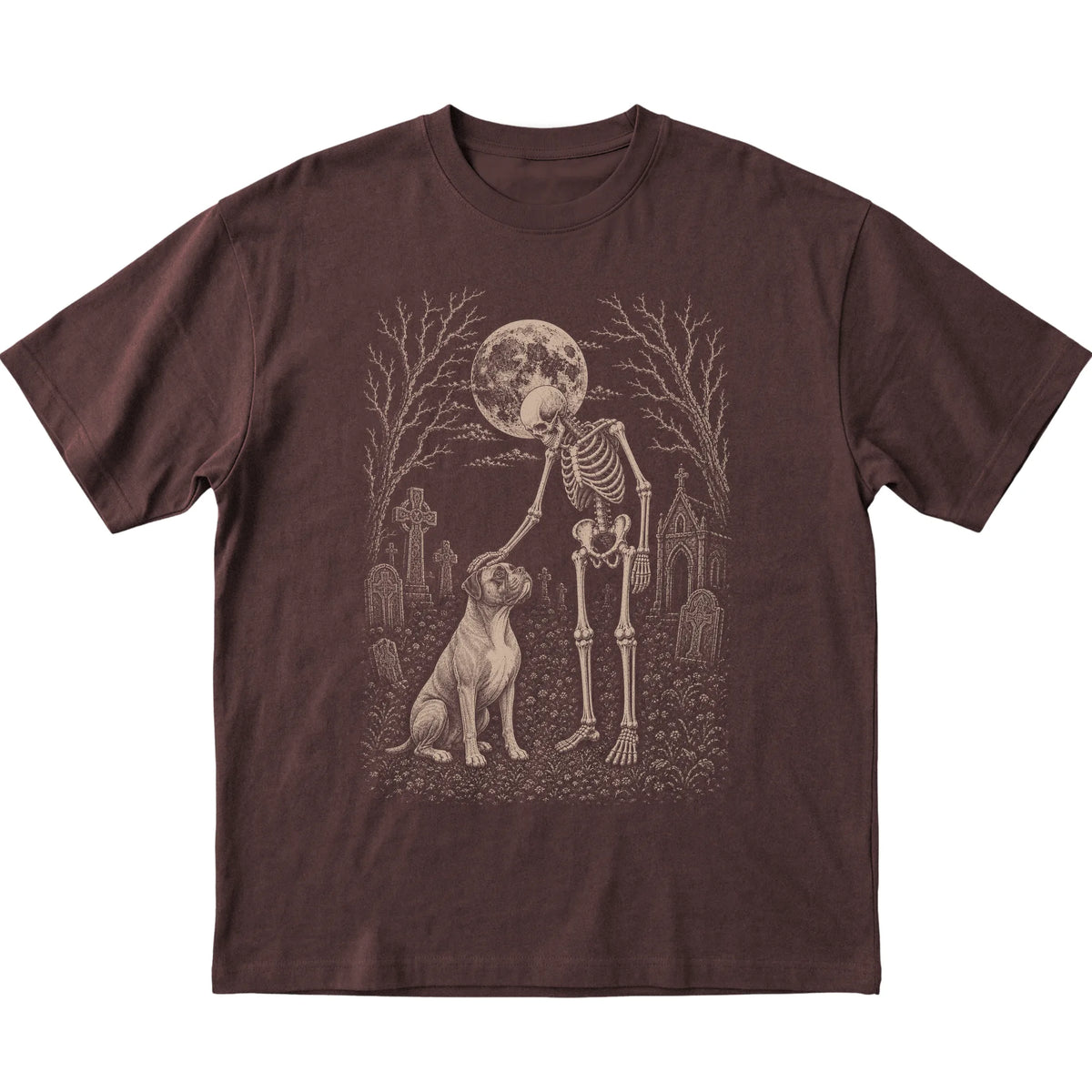Skeleton petting a Boxer in a graveyard on a Dark Chocolate T-shirt
