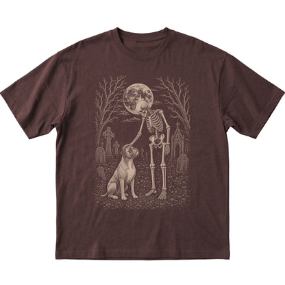 Skeleton petting a Boxer in a graveyard on a Dark Chocolate T-shirt