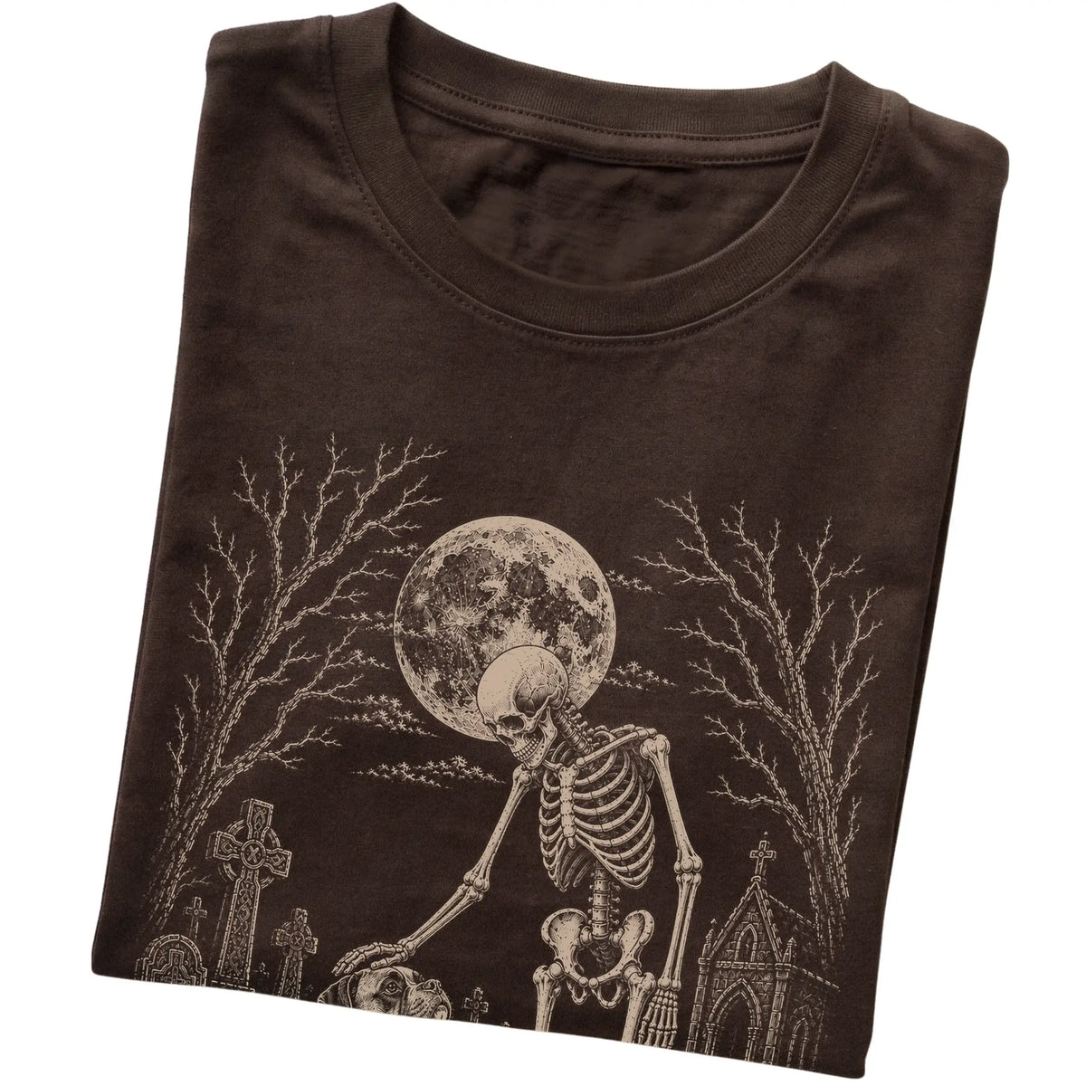 Folded Dark Chocolate T-shirt with a skeleton petting a Boxer in a graveyard