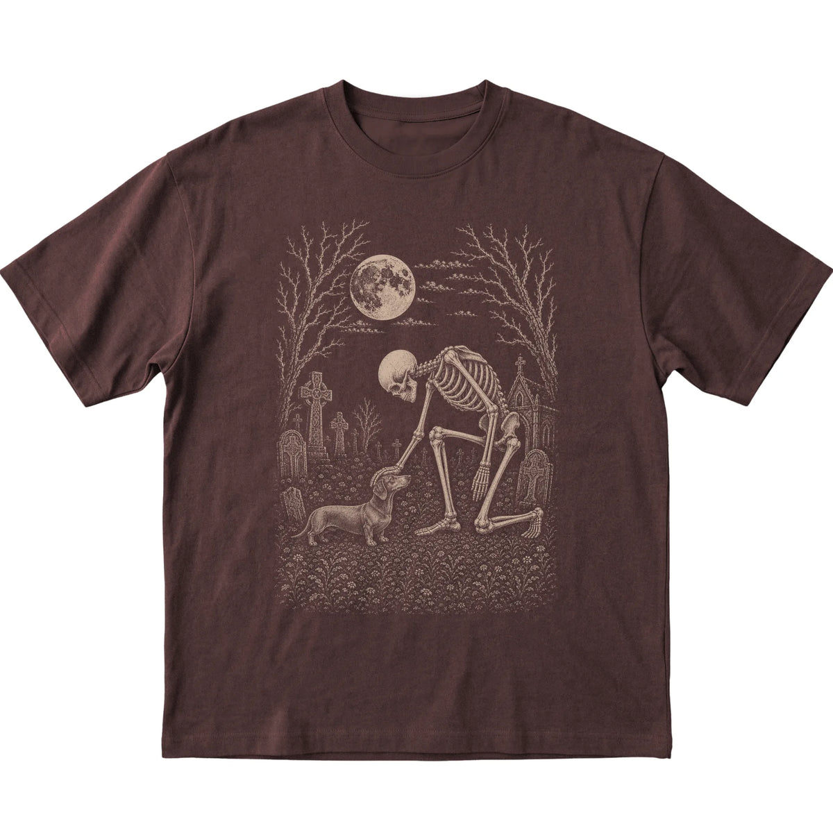 Skeleton petting a Dachshund in a graveyard on a Dark Chocolate T-shirt