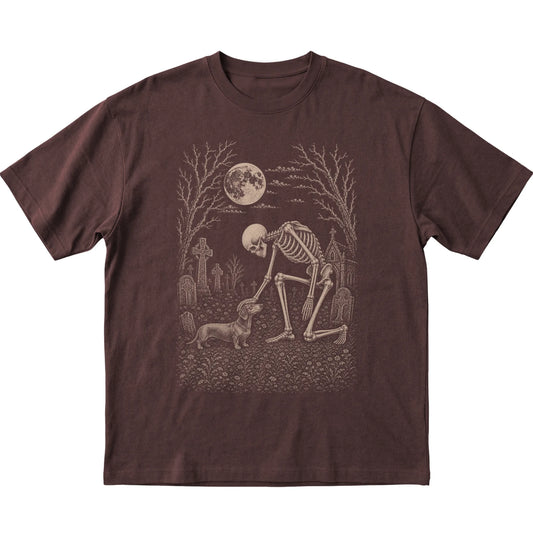Skeleton petting a Dachshund in a graveyard on a Dark Chocolate T-shirt