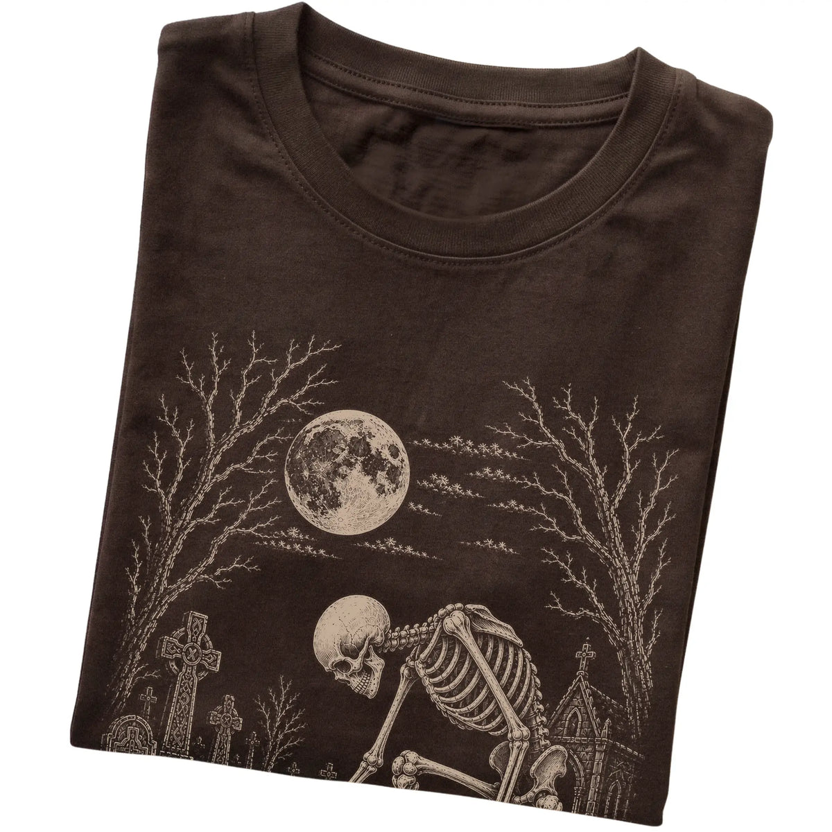 Folded Dark Chocolate T-shirt with a skeleton petting a Dachshund in a graveyard