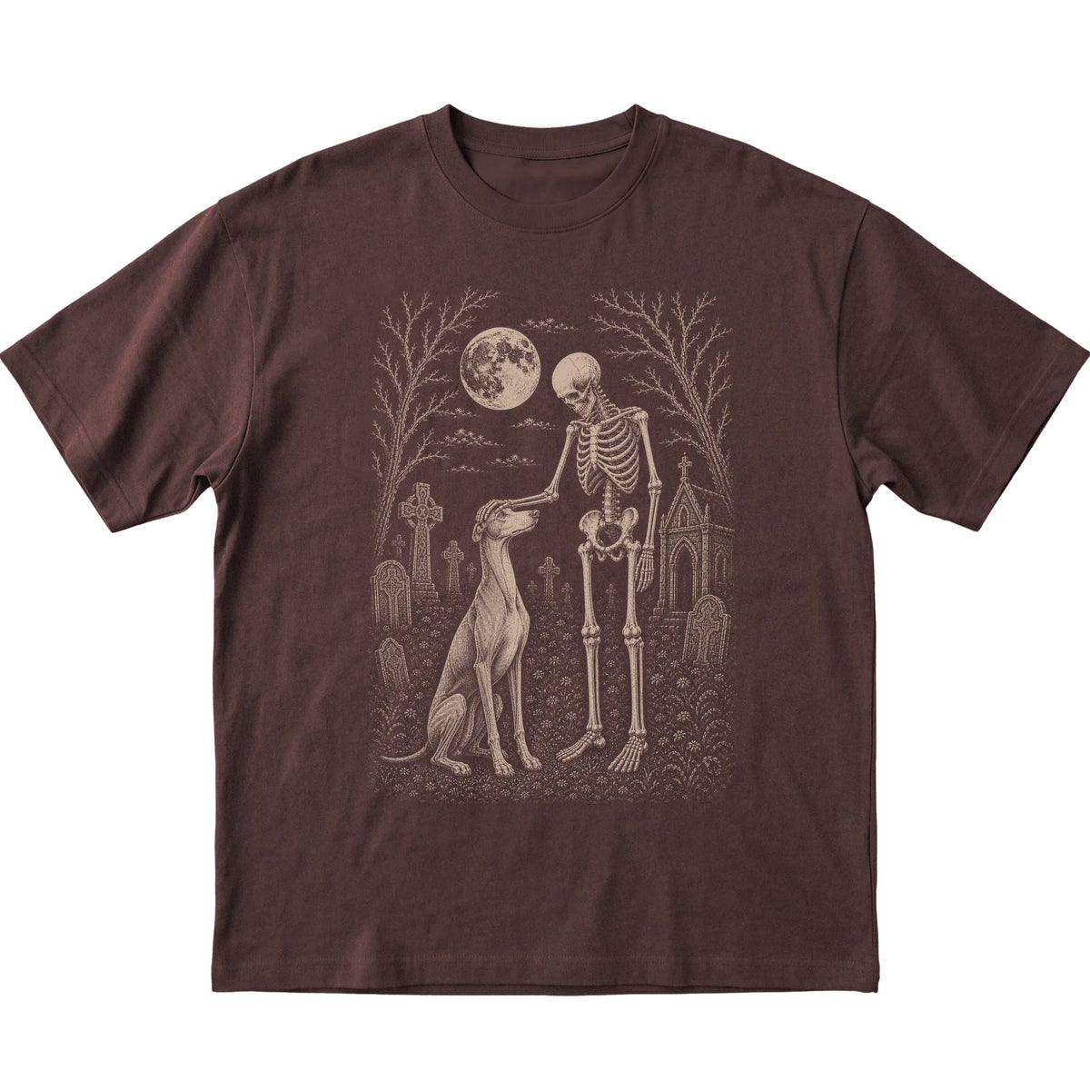 Skeleton petting a Greyhound in a graveyard on a Dark Chocolate T-shirt