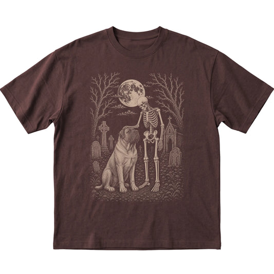 Skeleton petting a Mastiff in a graveyard on a Dark Chocolate T-shirt