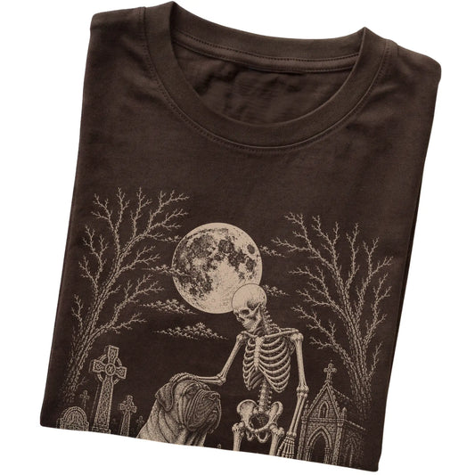 Folded Dark Chocolate T-shirt with a skeleton petting a Mastiff in a graveyard