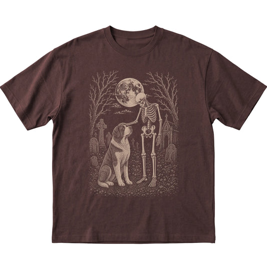 Skeleton petting a Saint Bernard in a graveyard on a Dark Chocolate T-shirt