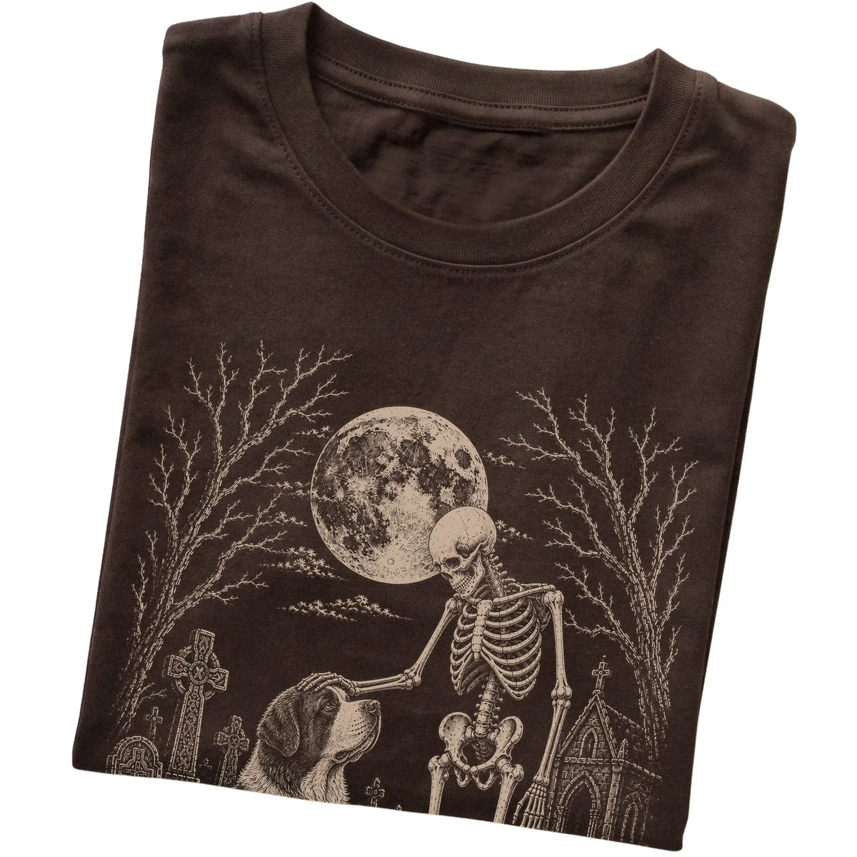 Folded Dark Chocolate T-shirt with a skeleton petting a Saint Bernard in a graveyard
