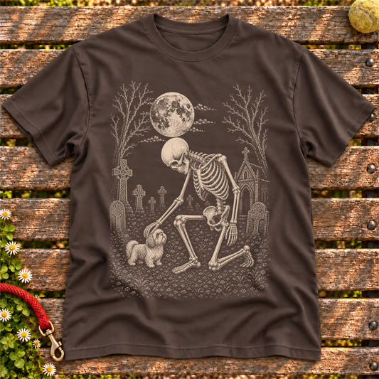 Shih Tzu Skeleton Petting on a Dark Chocolate T-shirt, shown flat