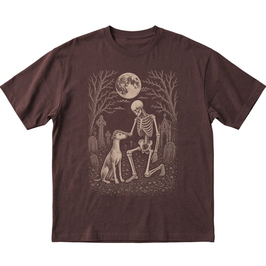 Skeleton petting a Whippet in a graveyard on a Dark Chocolate T-shirt