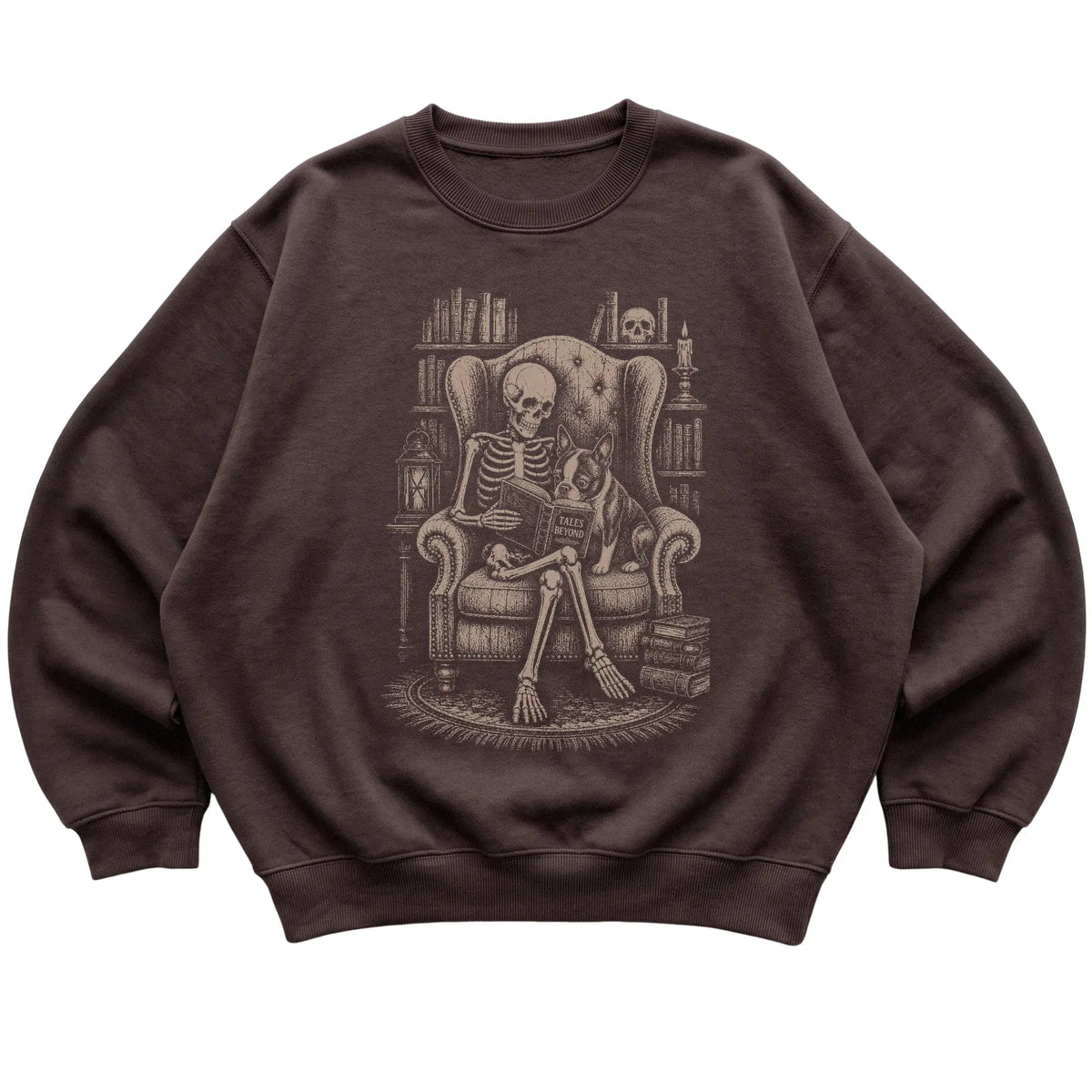 Skeleton reading Tales Beyond to a Boston Terrier on a Dark Chocolate sweatshirt
