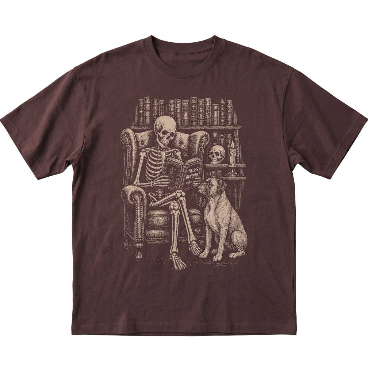 Skeleton reading Tales Beyond to a Boxer on a Dark Chocolate T-shirt