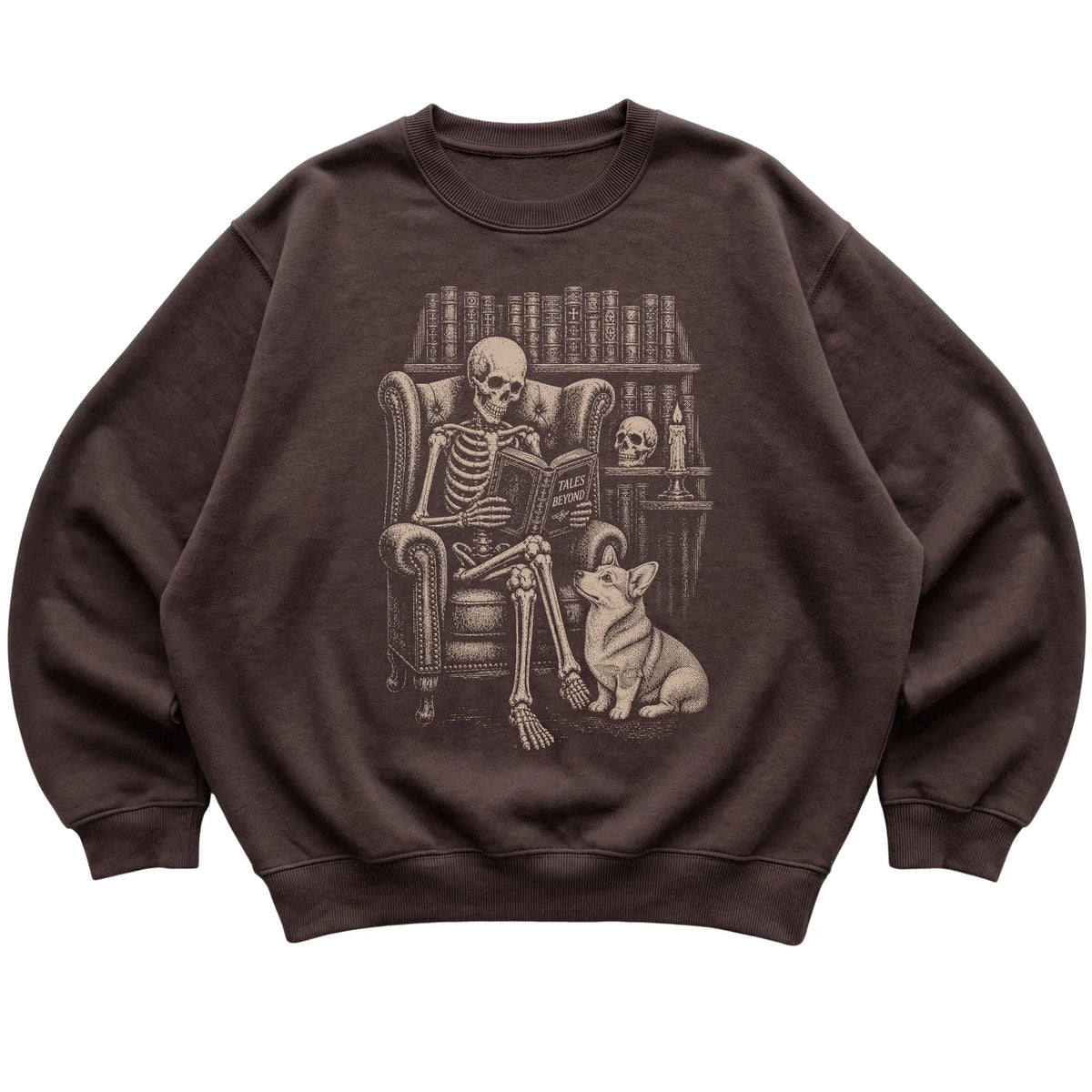 Skeleton reading Tales Beyond to a Corgi on a Dark Chocolate sweatshirt