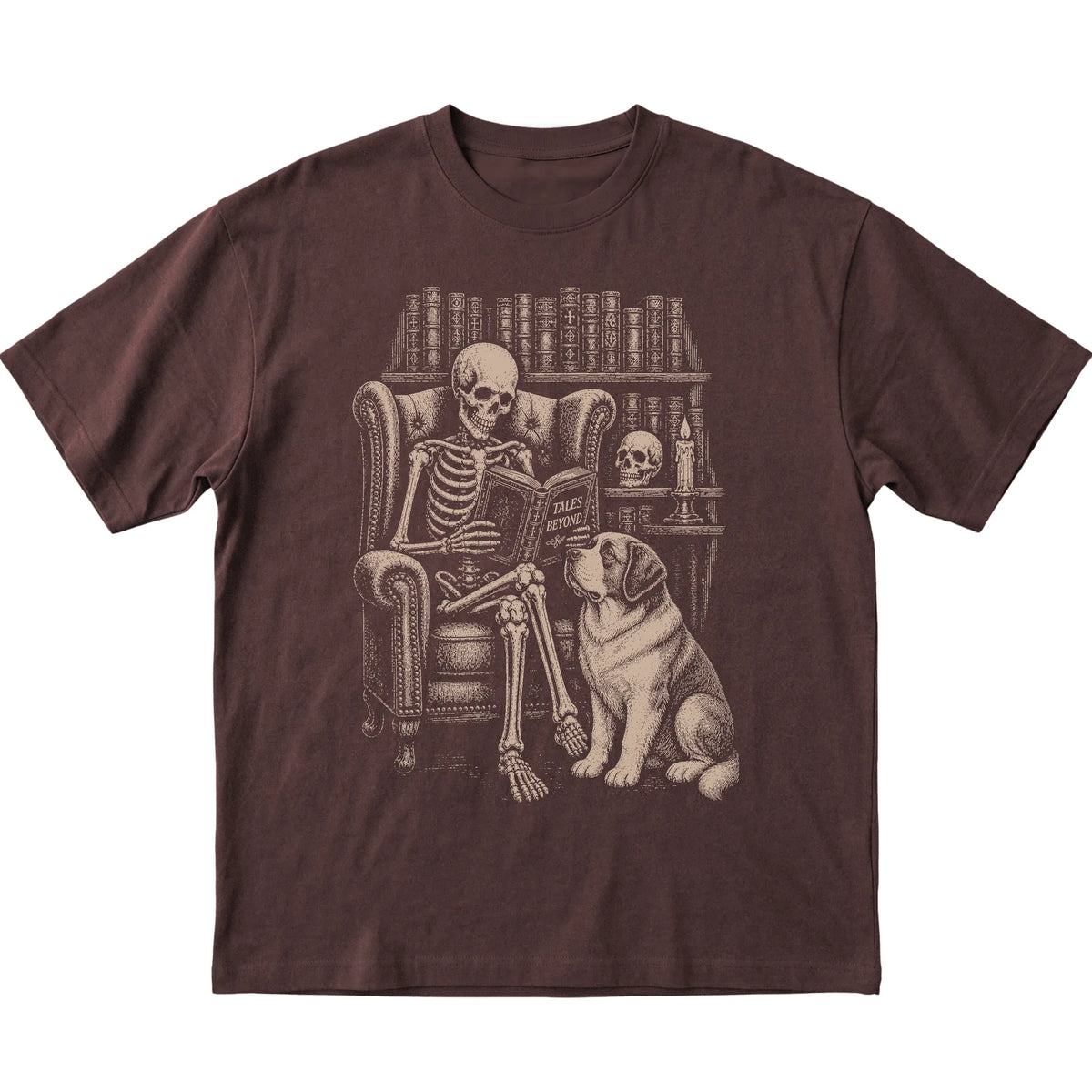 Skeleton reading Tales Beyond to a Saint Bernard on a Dark Chocolate T-shirt
