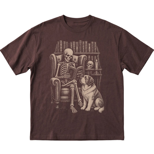 Skeleton reading Tales Beyond to a Saint Bernard on a Dark Chocolate T-shirt