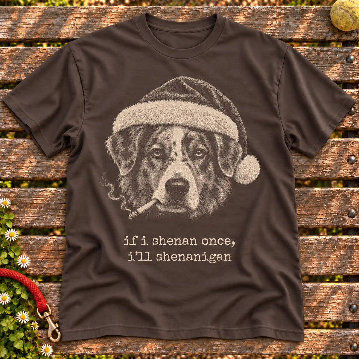 Australian Shepherd wearing a Santa hat and smoking on a Dark Chocolate T-shirt