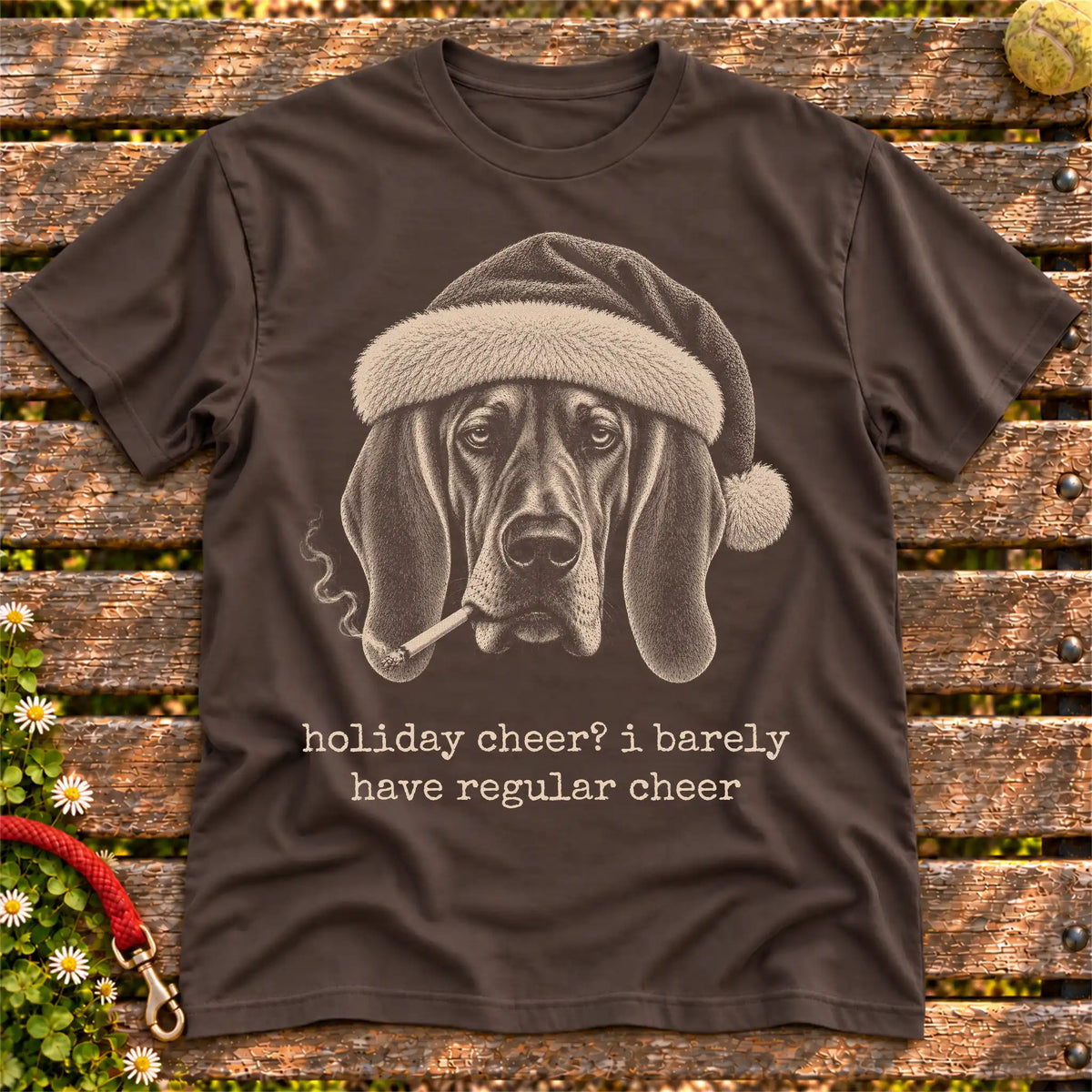 Bloodhound wearing a Santa hat and smoking on a Dark Chocolate T-shirt